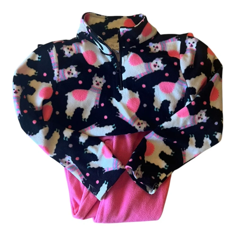 Girl size 7/8‎ The Children’s Place pink and black llama fleece pajamas